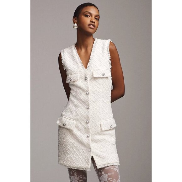 Anthropologie BHLDN Ella V-Neck Pearl Tweed Mini Dress in White Size Medium - Picture 1 of 15